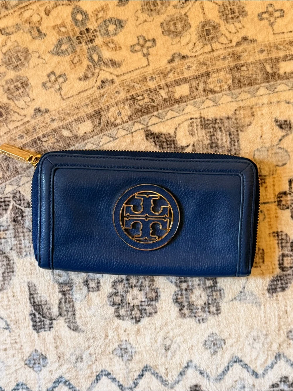 Tory Burch Deep Navy Pebbled Leather Logo Tote